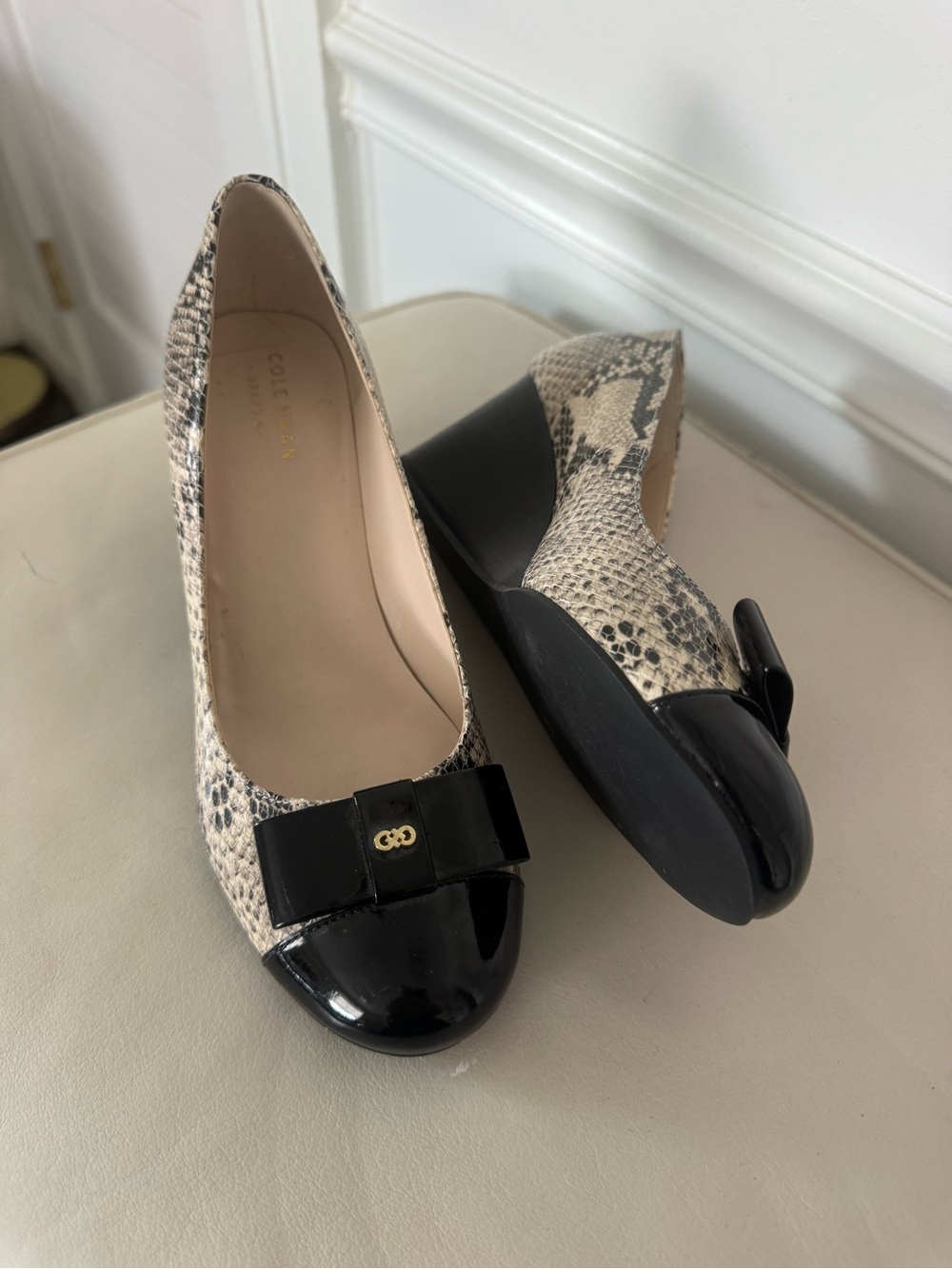 Cole Haan Elsie Neutral Snake-Print Flats with Black Patent Toe Bow